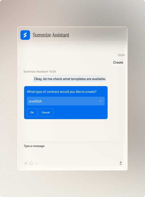 Chat interface showing Summize Assistant helping user select a contract type template to create.
