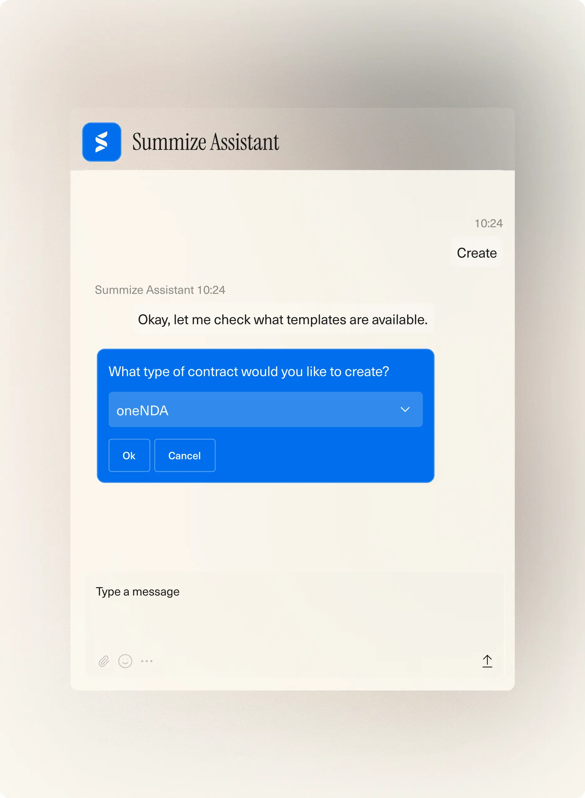 Summize Assistant chat UI to create a contract.