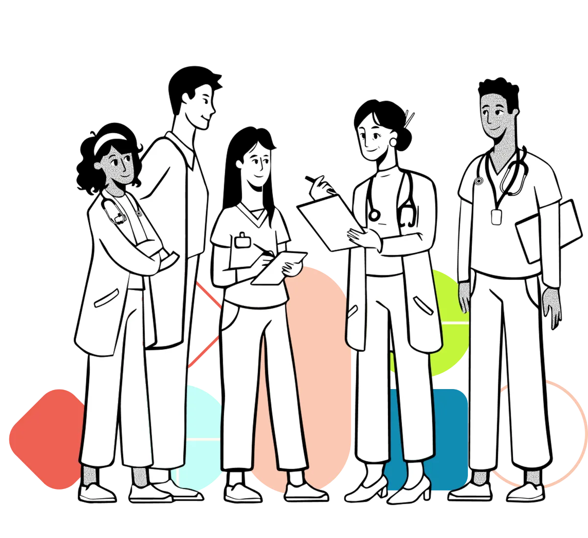 Illustration of five medical students standing together, some holding clipboards and stethoscopes.