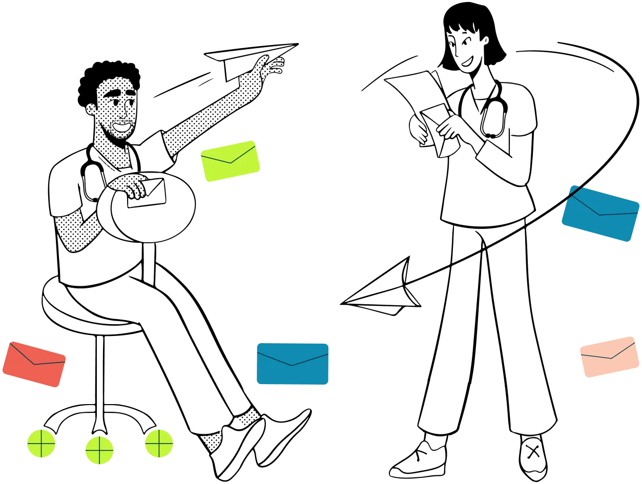 Two healthcare workers with stethoscopes surrounded by flying envelopes and paper planes.