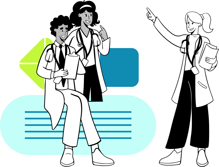 Illustration of three doctors, with one standing pointing and two discussing medical notes.
