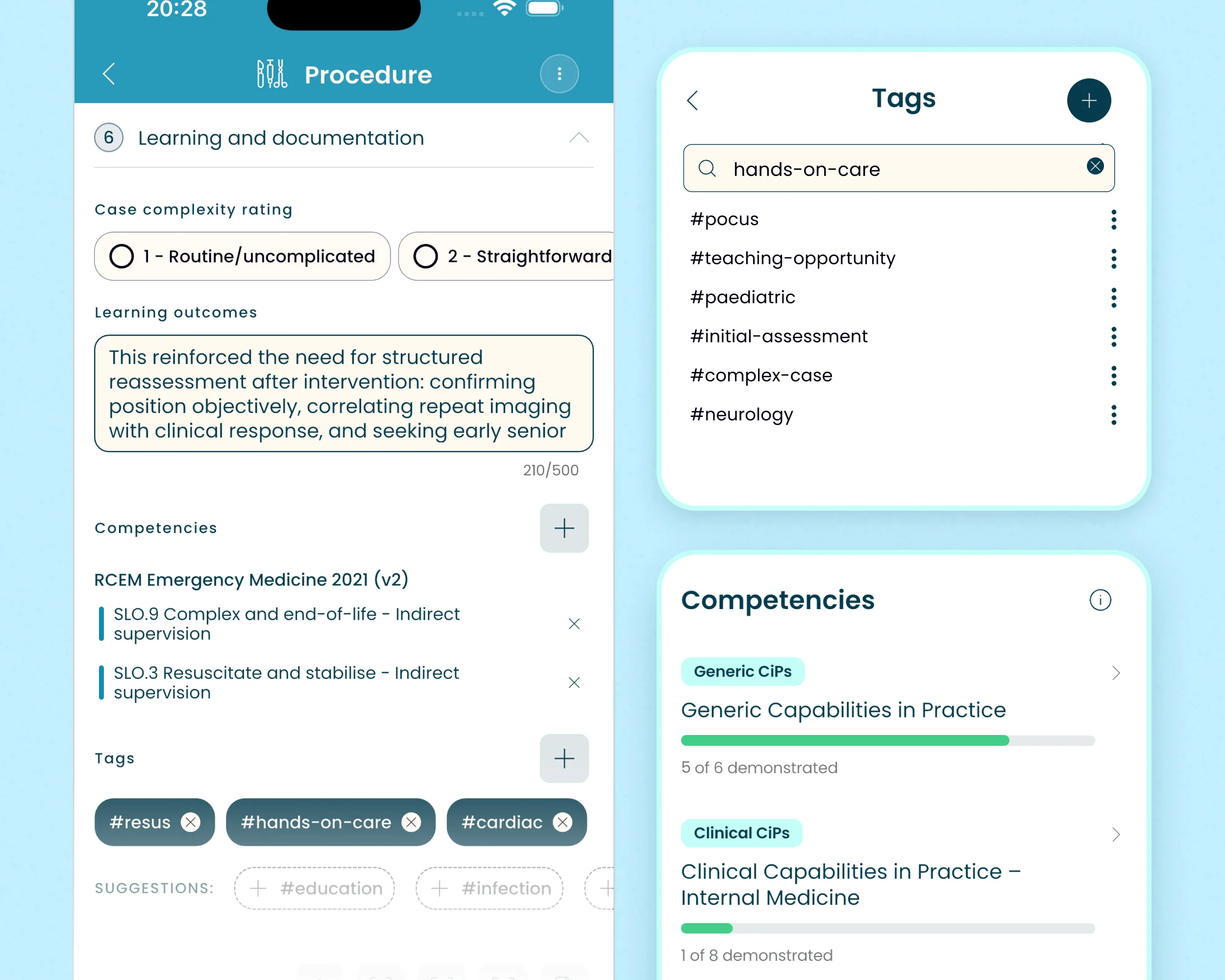 Alessia app interface showing learning outcomes, case complexity, competencies, and tags like #hands-on-care and #cardiac.