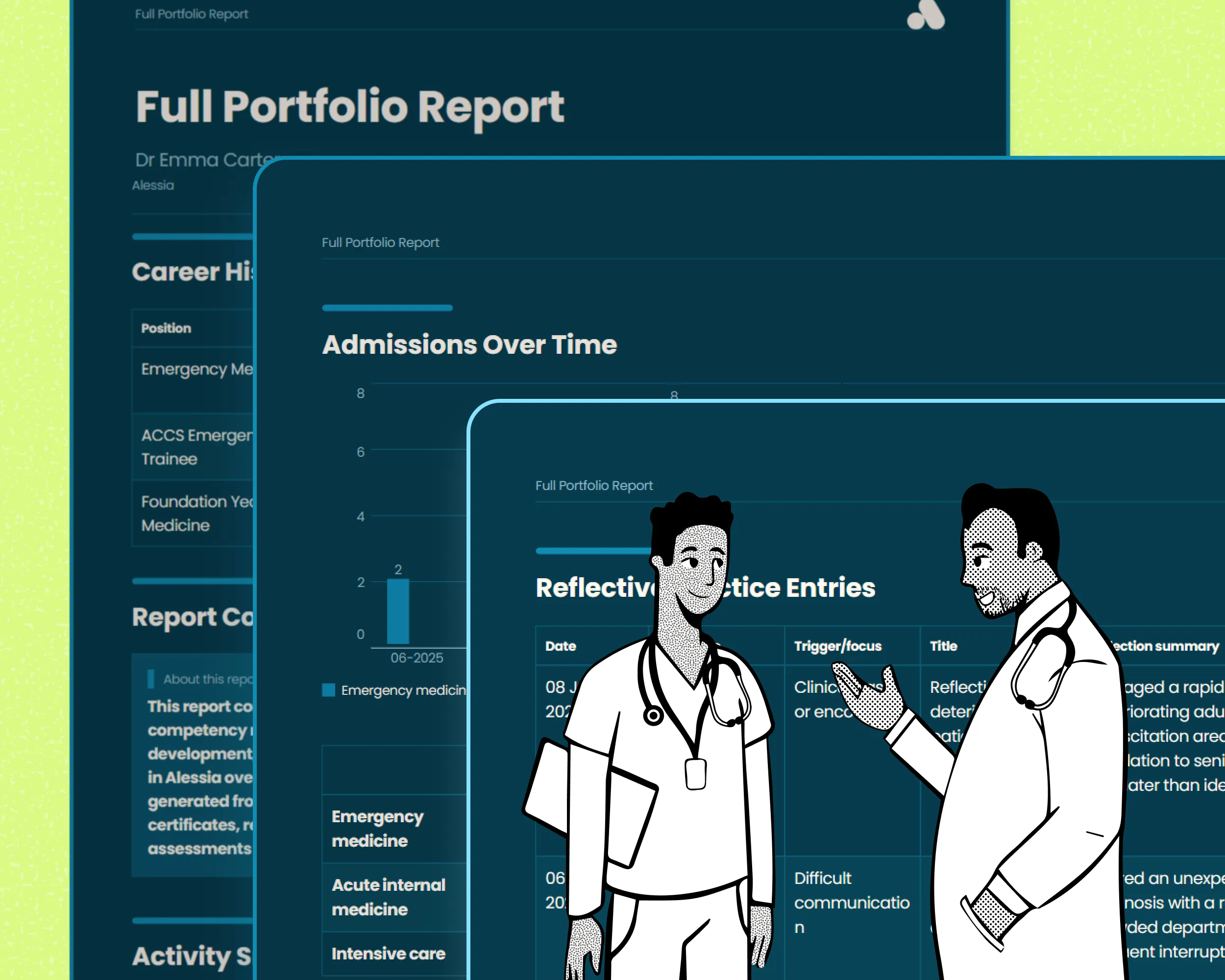Illustration of two doctors discussing layered medical reports with charts and career history.