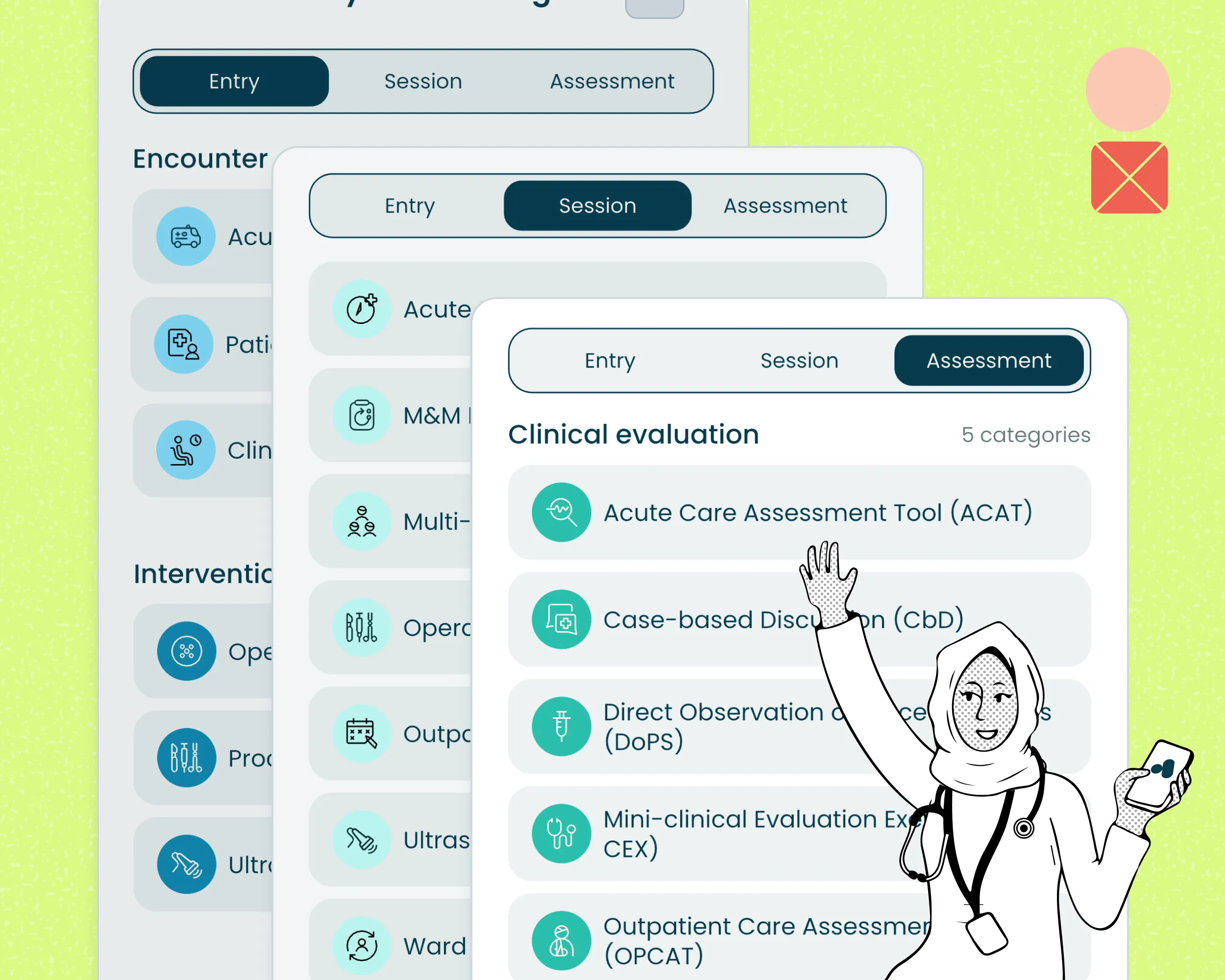 Illustration of a female doctor with a stethoscope holding a phone next to medical assessment tool menus.