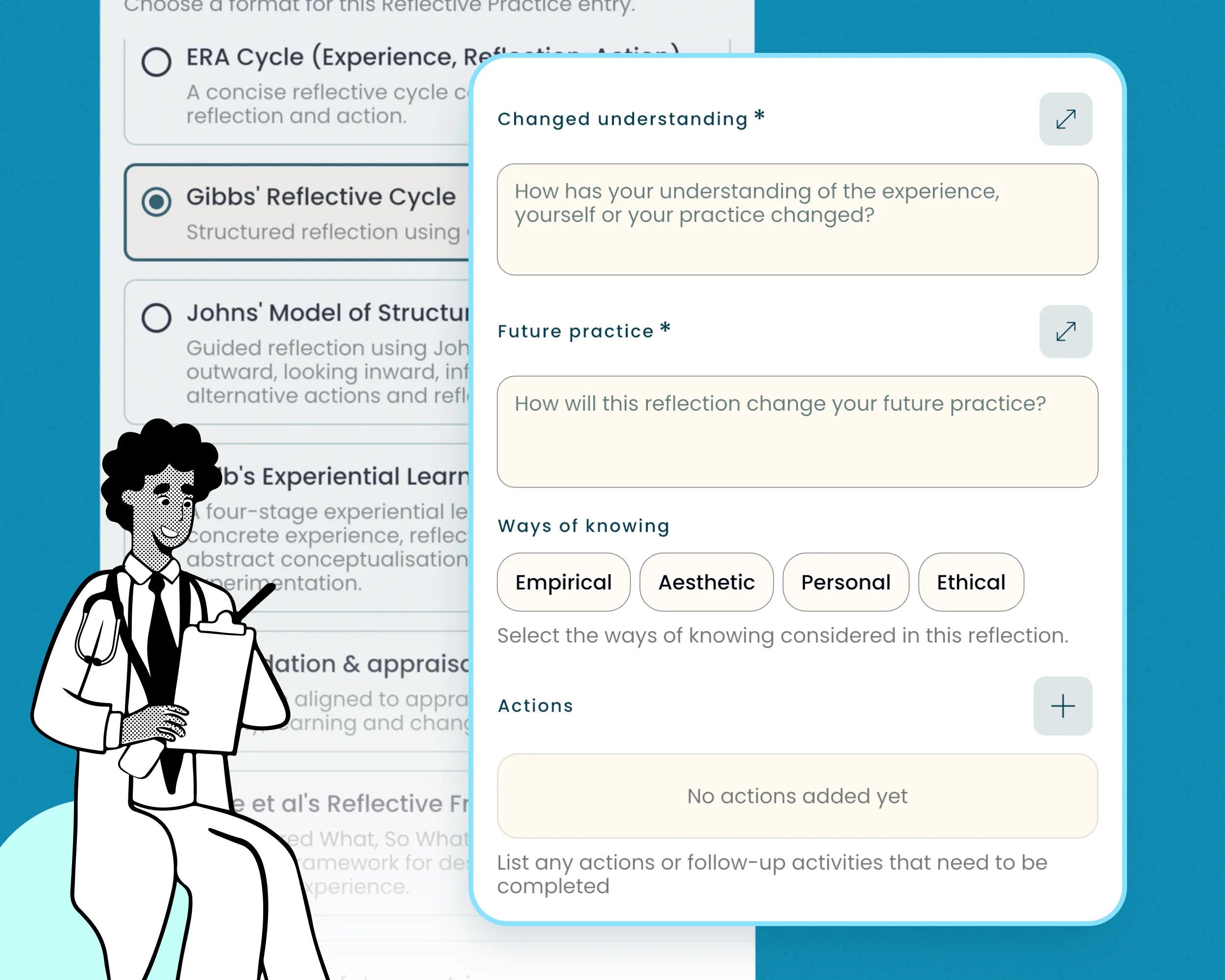 Alessia app interface showing Gibbs' Reflective Cycle with fields for changed understanding, future practice, and ways of knowing.