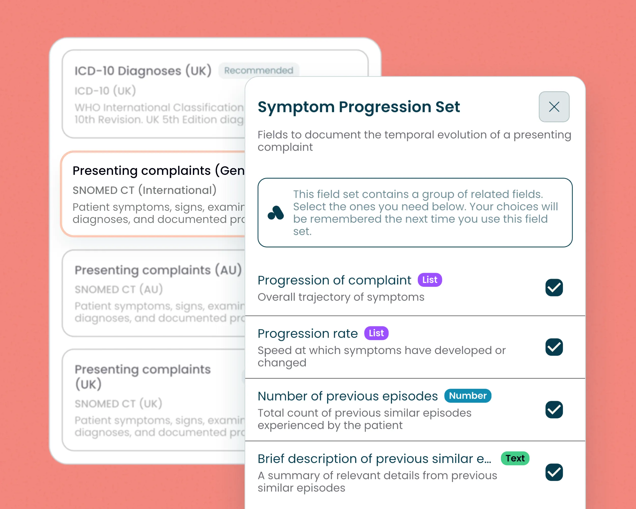 Medical form titled Symptom Progression Set showing fields to document symptom timeline and details.