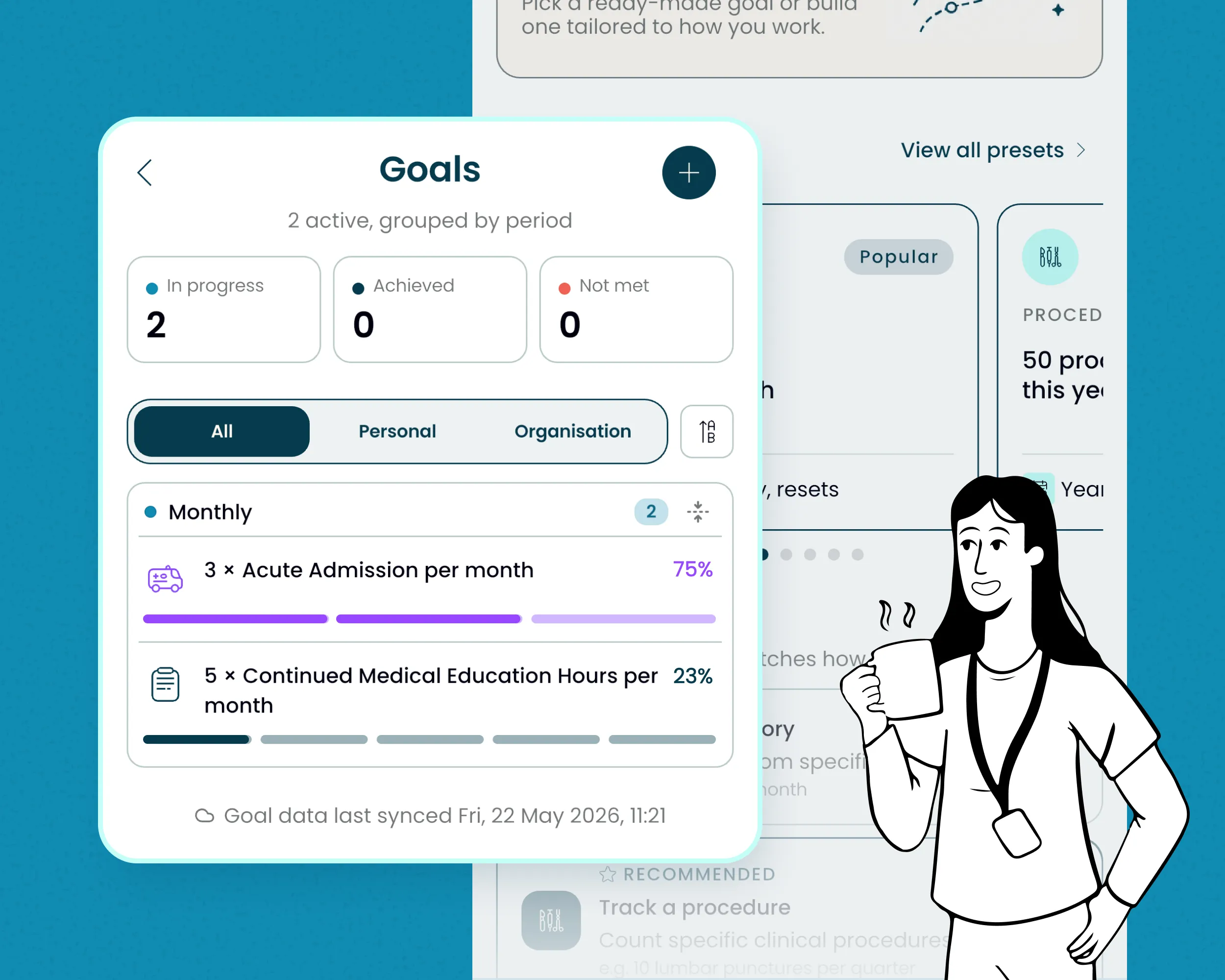 Alessia app interface showing two active monthly goals: Acute Admission at 75% and Medical Education Hours at 23%.