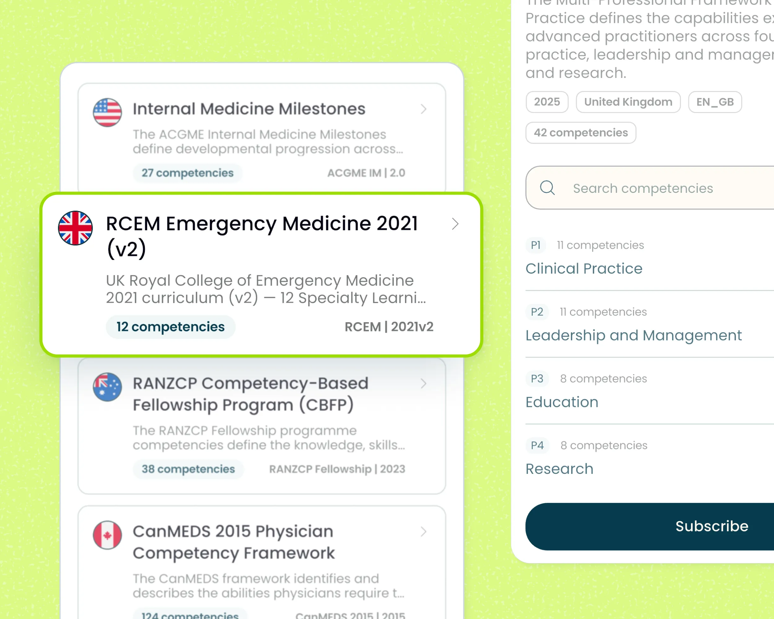 A list showing RCEM Emergency Medicine 2021 (v2) with 12 competencies highlighted among other medical competency frameworks.