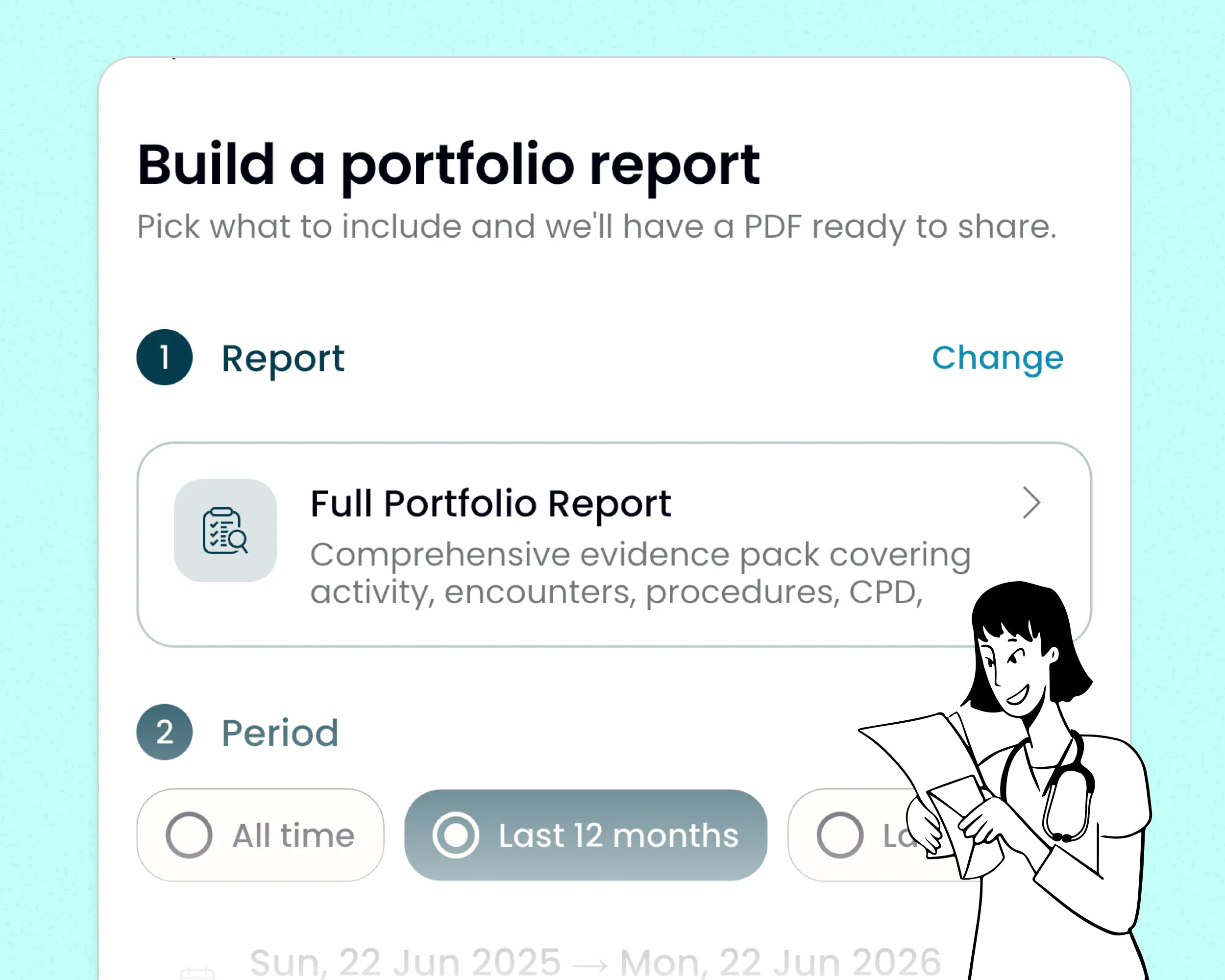 Form to build a portfolio report with options for report type and period selection.