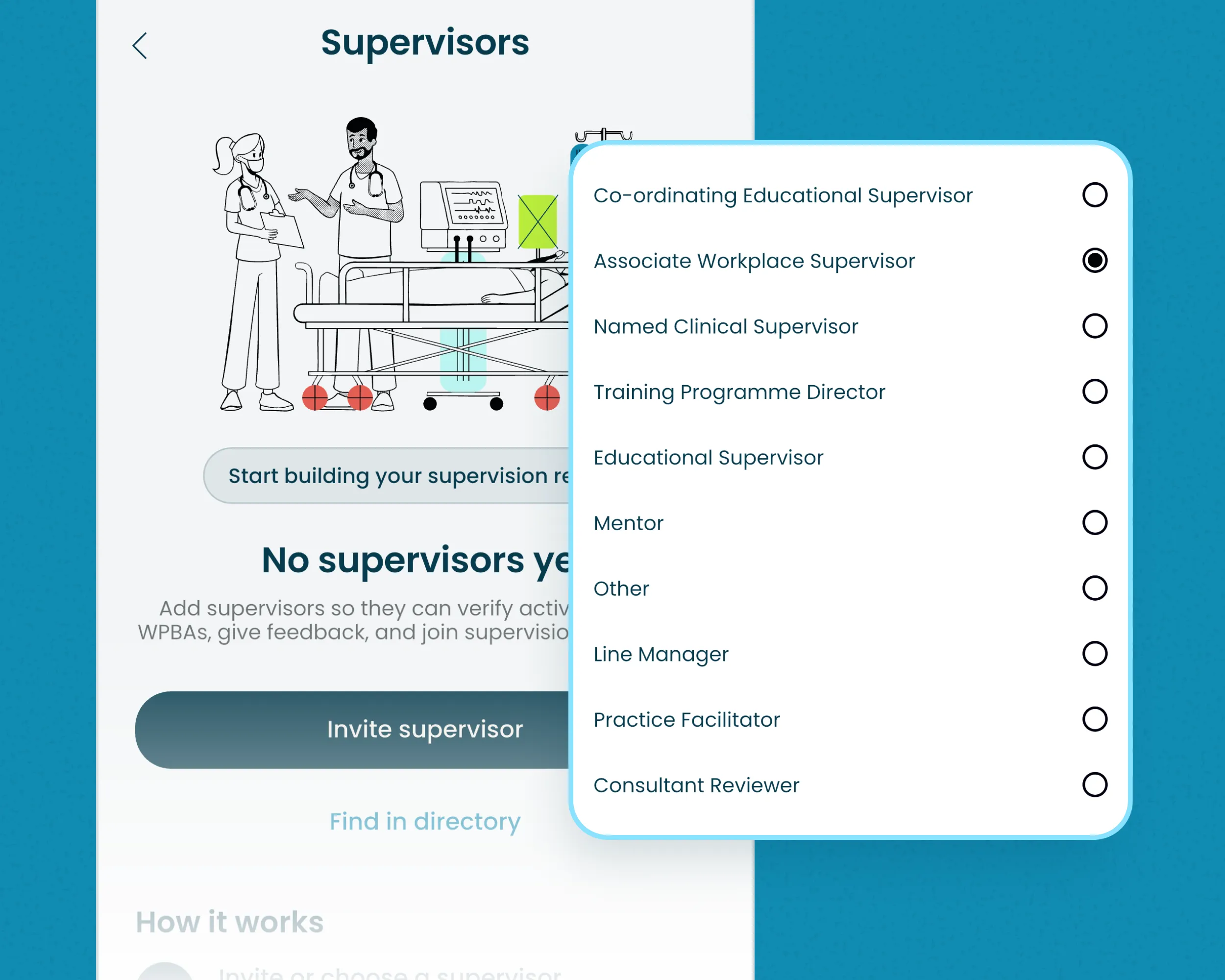 Alessia app showing supervisor roles with a medical illustration and a dropdown menu to select types.