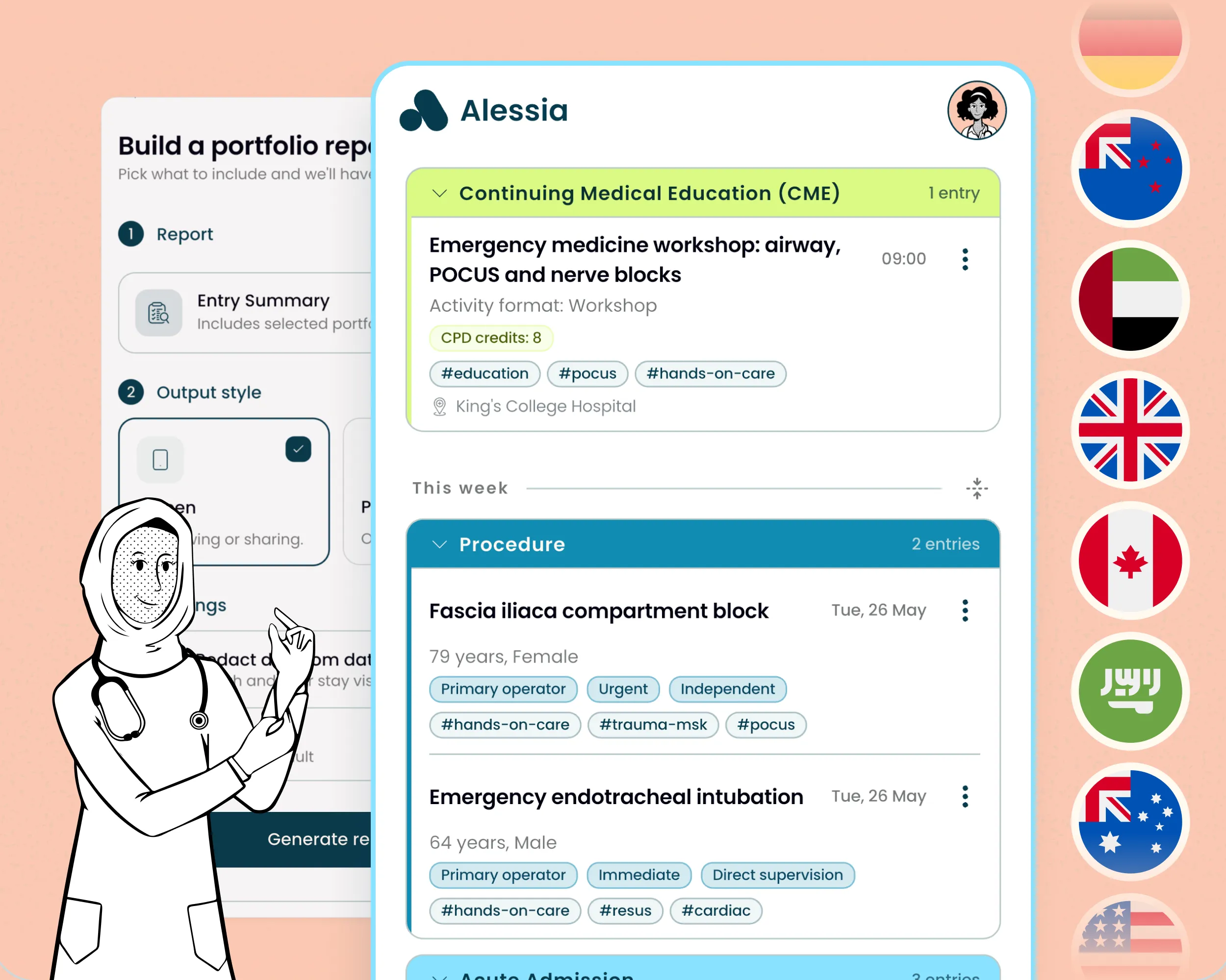 Alessia app screen showing Continuing Medical Education and Procedure records with tags and dates.