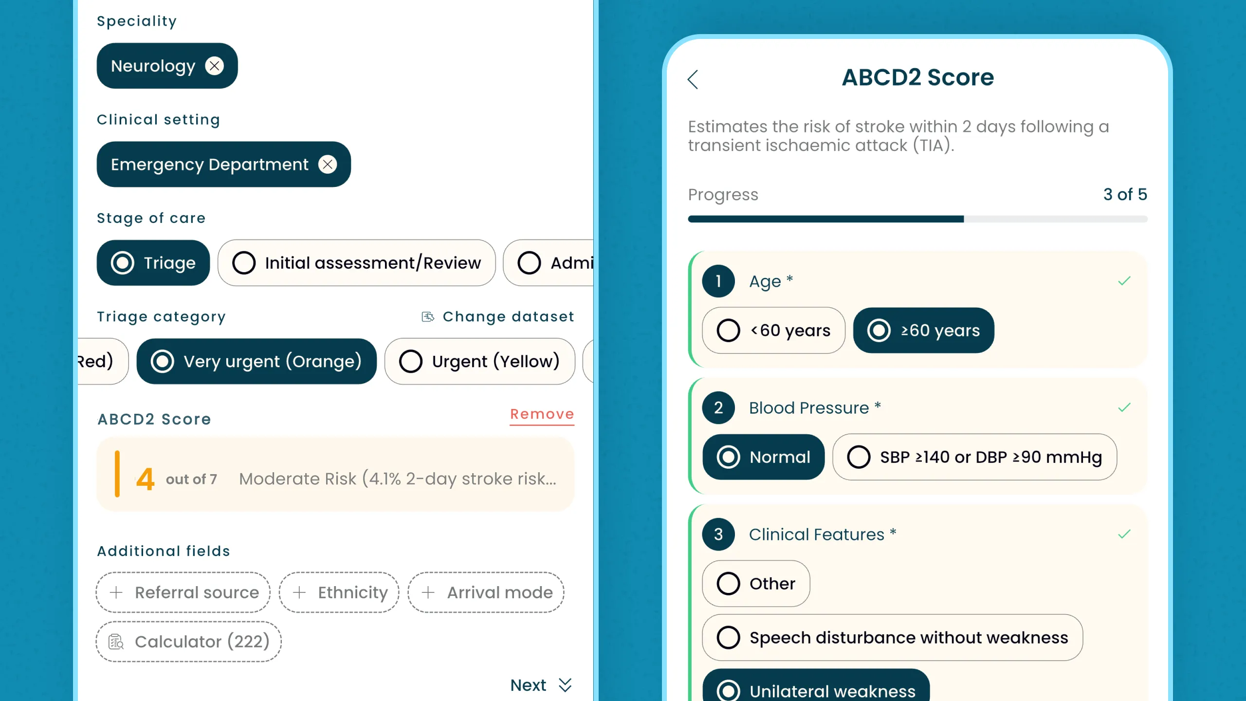 Alessia app interface showing ABCD2 stroke risk score with selections for age, blood pressure, and clinical features.