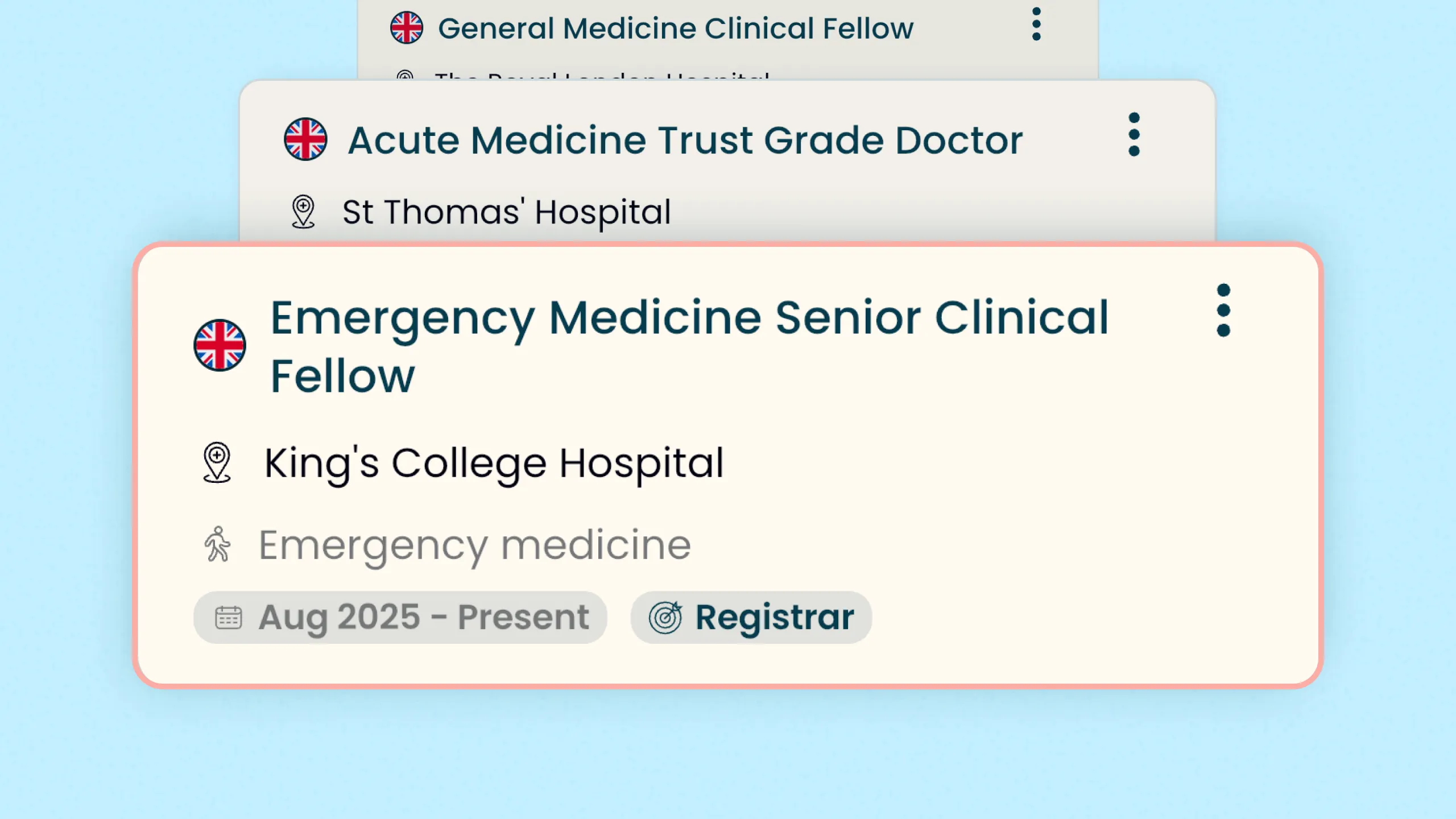 Emergency Medicine Senior Clinical Fellow role at King's College Hospital since Aug 2025, Registrar position.