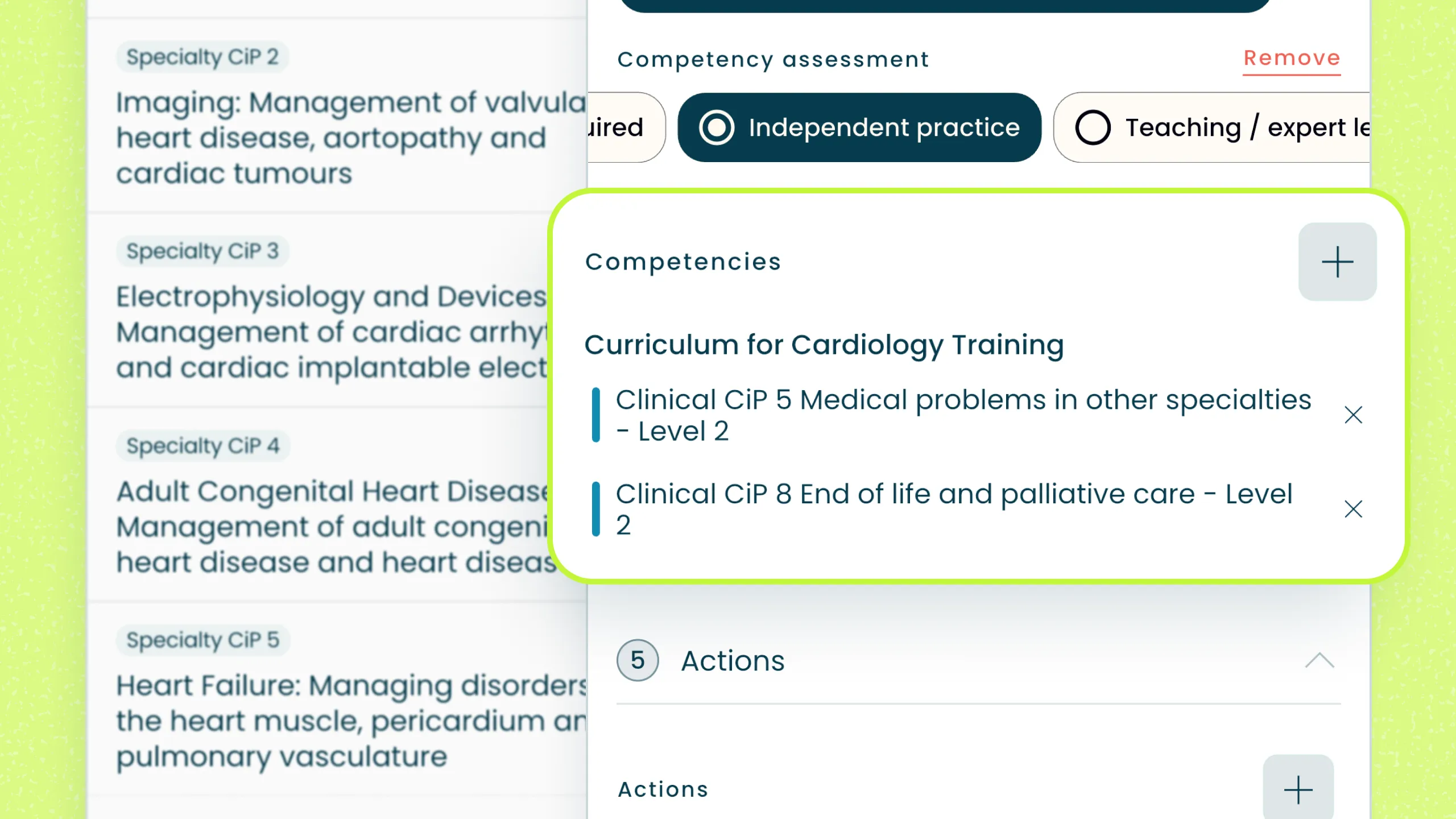Cardiology training curriculum showing competencies: Clinical CiP 5 medical problems and CiP 8 end of life care.
