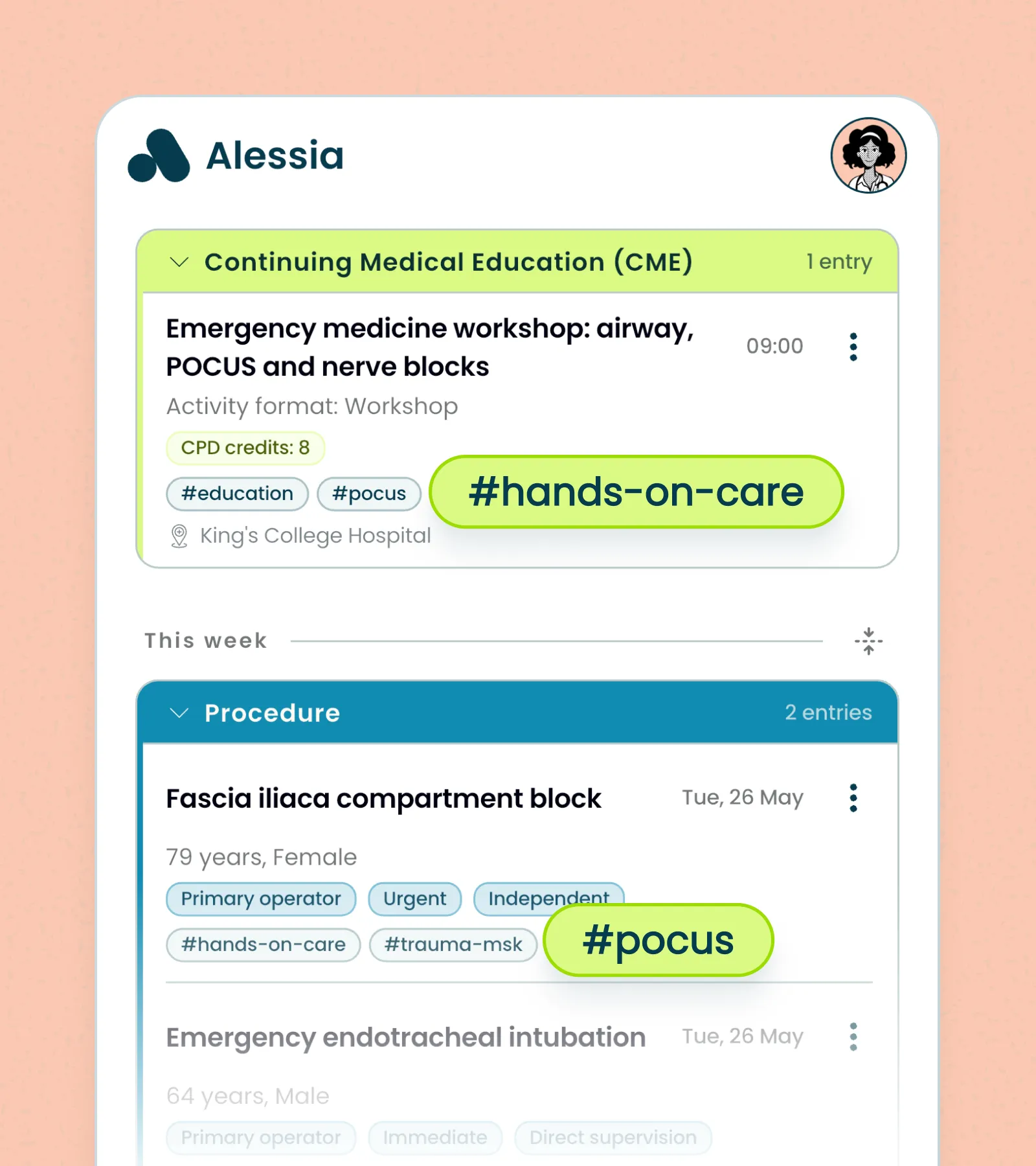 User interface showing Alessia's medical education and procedure entries with tags like #hands-on-care and #pocus.
