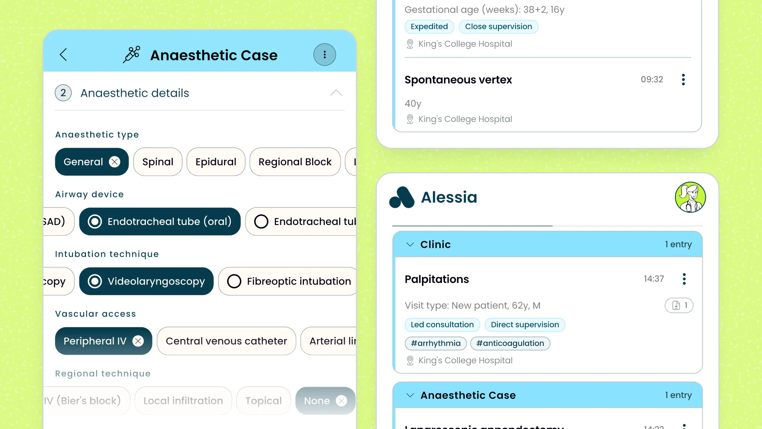 Alessia app interface showing Anaesthetic Case details and Clinic records for a patient at King’s College Hospital.