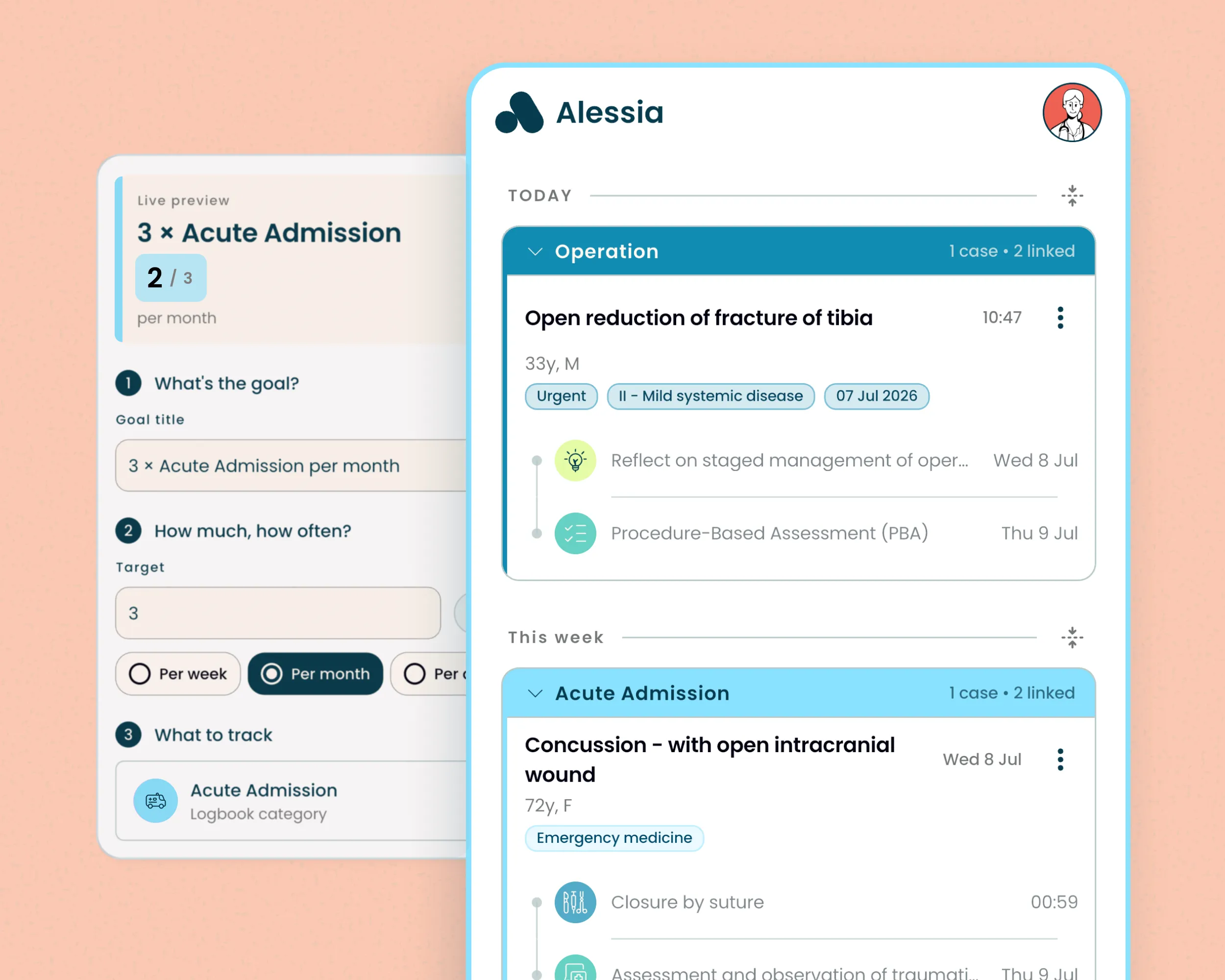 Alessia app user interface showing medical cases for Acute Admission and Operation with patient details and dates.