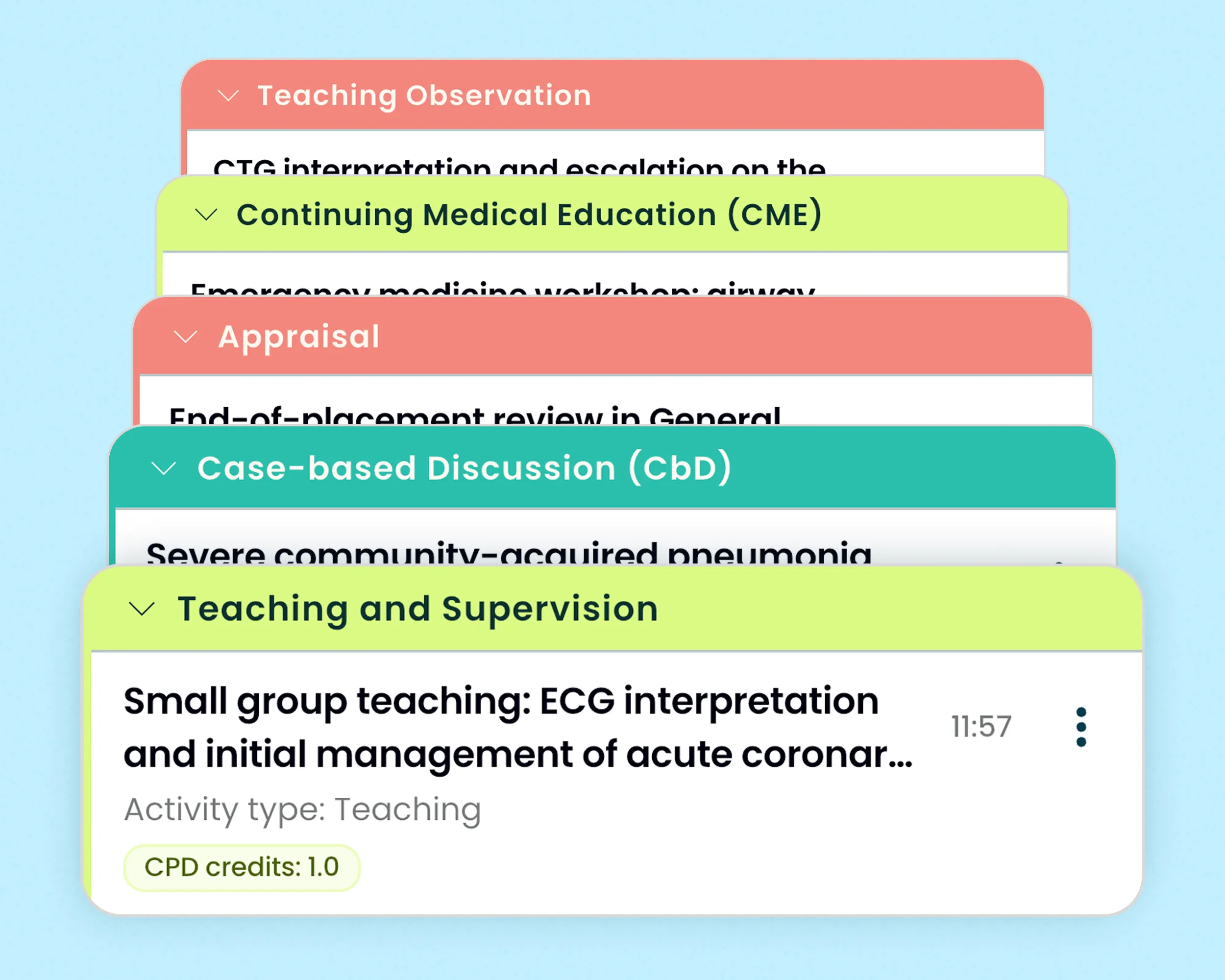 Stacked colored UI cards from the Alessia app labeled Teaching Observation, CME, Appraisal, Case-based Discussion, and Teaching and Supervision.