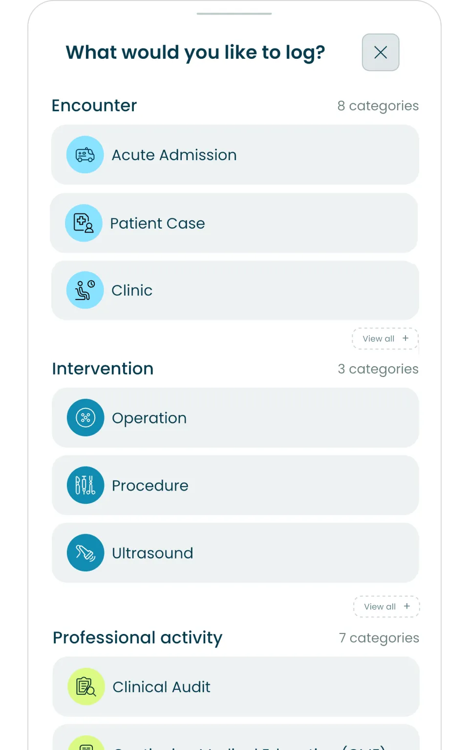 Alessia app screen showing log options: Encounter, Intervention, and Professional activity with respective categories.