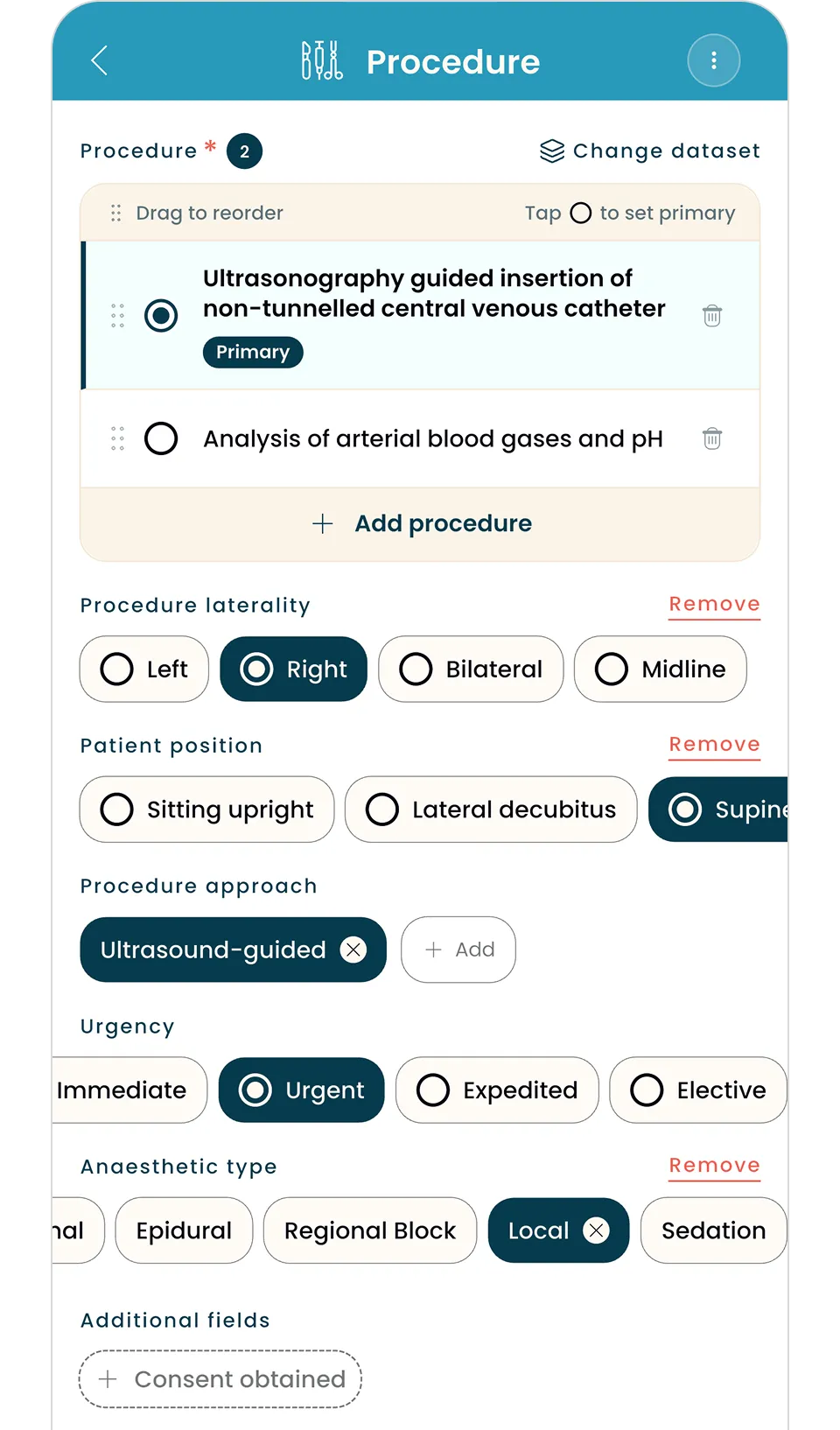 Medical form for procedure selection with options for laterality, position, approach, urgency, and anesthetic type.