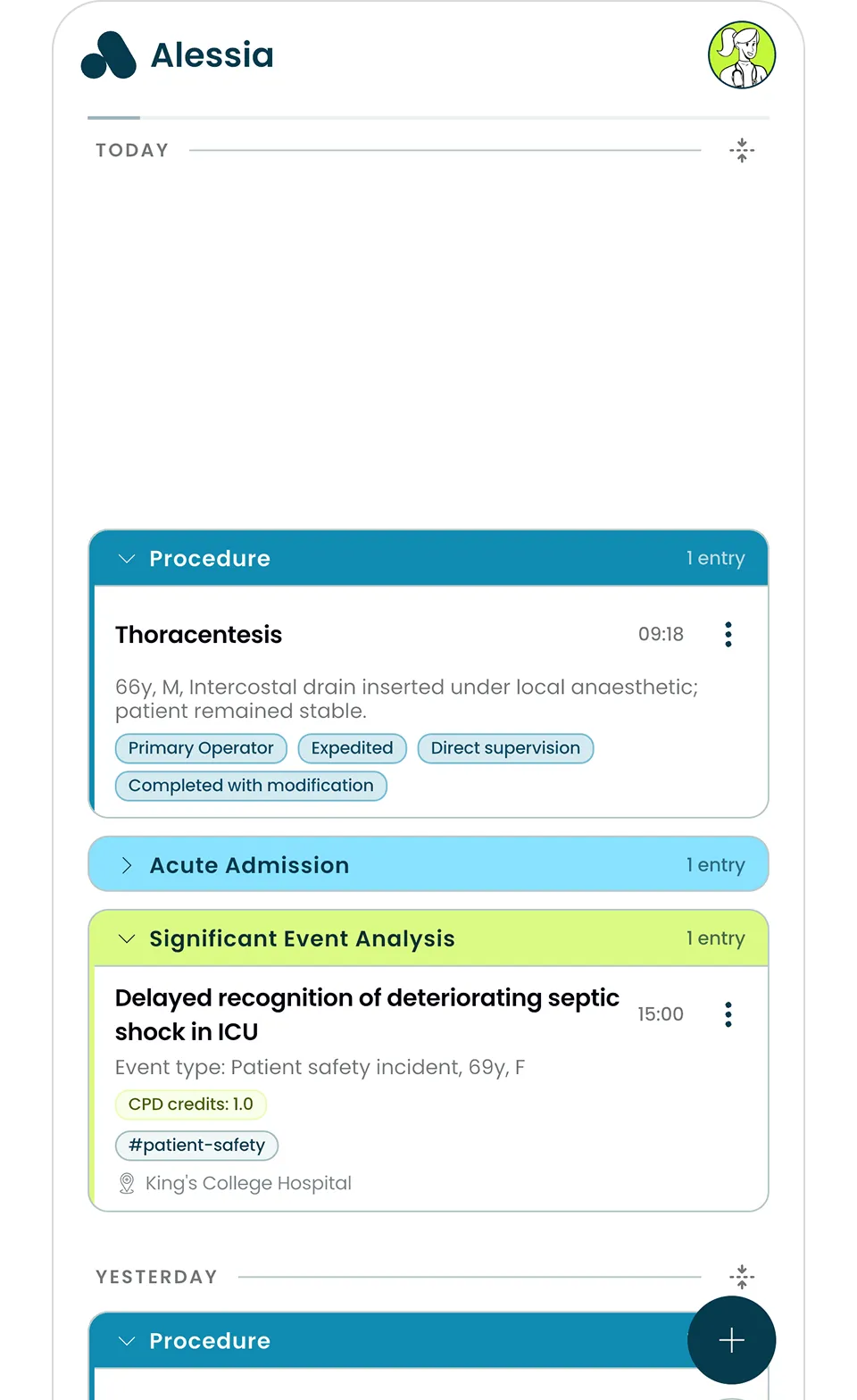Alessia app screen showing procedures and significant event analysis entries with patient details and hospital info.