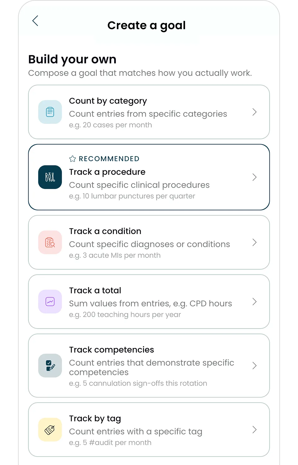 Alessia app titled Create a goal with options to build goals by category, procedure, condition, total, competencies, or tag.