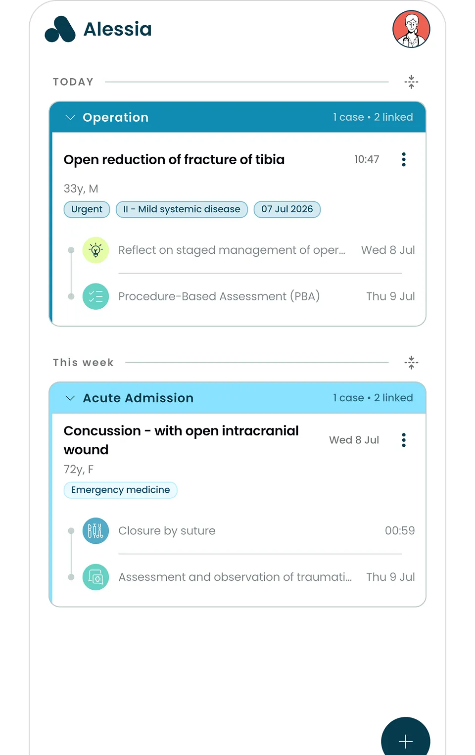 Alessia app screen showing operation for tibia fracture and acute admission for concussion with wound.