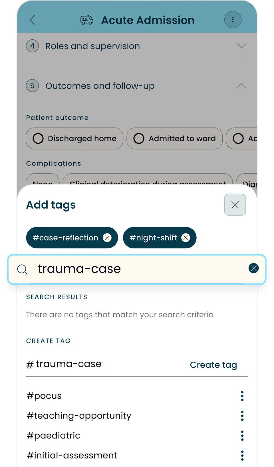 Alessia app screen showing adding tags with search for trauma-case and options to create or select other tags.