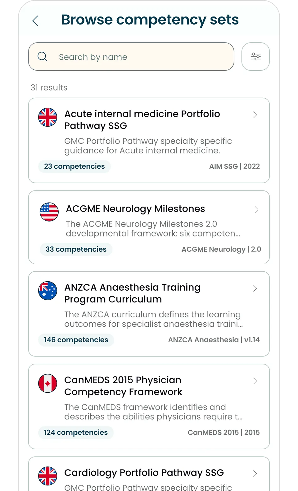 Alessia app screen showing a list of medical competency sets with flags and competency counts to browse.