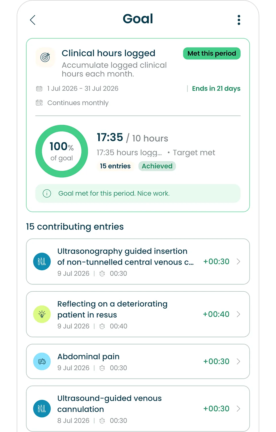 Alessia app screen showing a clinical hours goal met with 17:35 logged out of 10 hours and 15 entries listed.