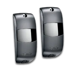 Deux détecteurs de mouvement noirs Somfy avec lentille courbée et capteur frontal.