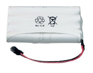 Batterie rechargeable Ni-Cd blanche avec connecteur noir et rouge.