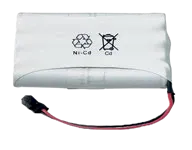 Batterie rechargeable Ni-Cd blanche avec connecteur noir et rouge.