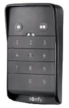 Clavier de code noir Somfy avec touches numériques de 0 à 9 et boutons supplémentaires.