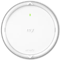 Panneau rond blanc avec texte 'my' au centre et petite lumière verte au-dessus.