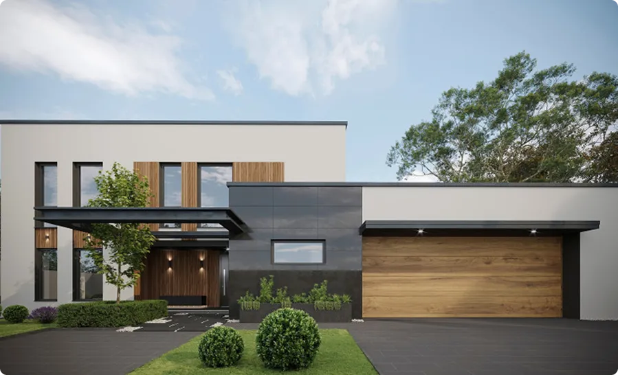 Façade moderne de maison avec bois, grande porte de garage et arbustes taillés devant.