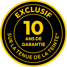 Logo rond jaune et noir avec texte: Exclusif 10 ans de garantie sur la tenue de la tente.