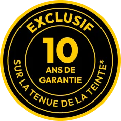 Logo rond jaune et noir avec texte: Exclusif 10 ans de garantie sur la tenue de la tente.
