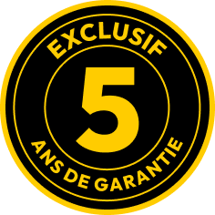 Badge jaune et noir indiquant 5 ans de garantie exclusive.