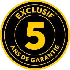 Badge jaune et noir indiquant 5 ans de garantie exclusive.