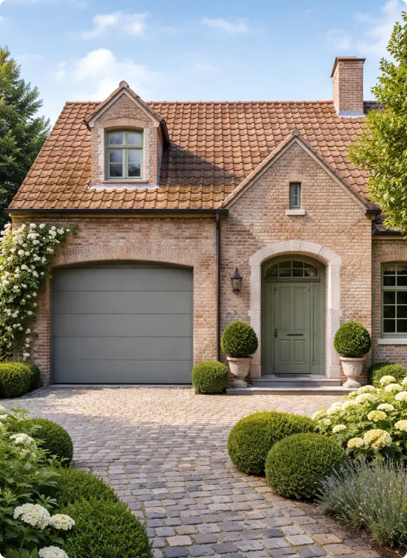 Maison en briques avec toit en tuiles, porte verte, garage et jardin soigné avec buissons et fleurs.