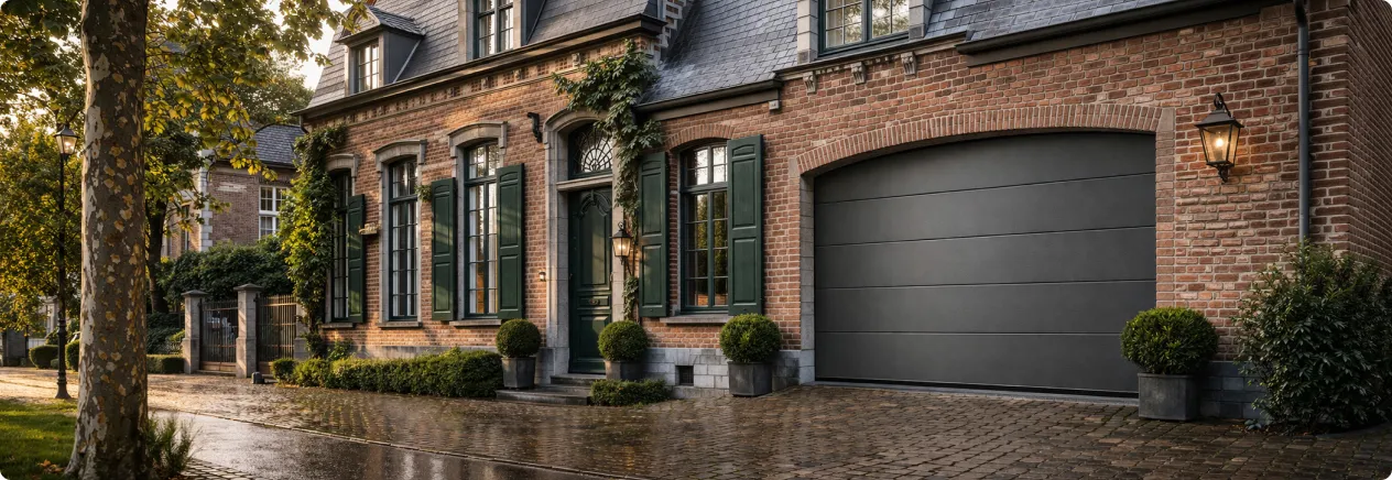 Maison en brique avec volets verts, porte centrale, garage gris et plantes autour sur rue mouillée.