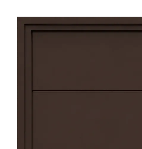 Coin supérieur gauche d'un panneau en bois marron foncé avec reliefs rectangulaires.
