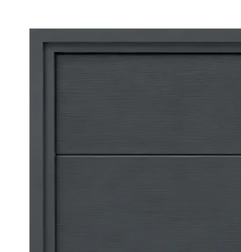 Surface grise anthracite avec texture horizontale et cadre en métal sombre.