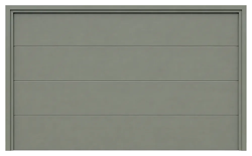 Porte de garage moderne sectionnelle gris basalt avec quatre panneaux horizontaux.