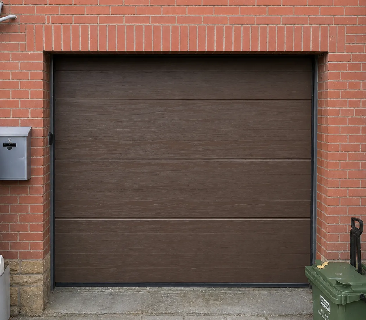 Porte de garage en bois foncé encadrée de briques rouges avec boîte aux lettres et poubelle verte.