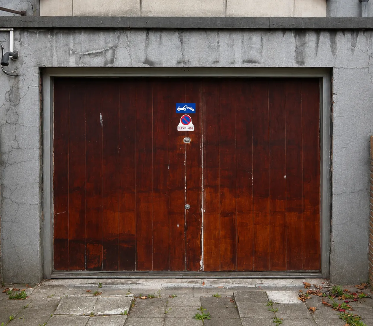 Porte de garage en bois brun avec des signes de stationnement interdit et d'enlèvement de voiture.