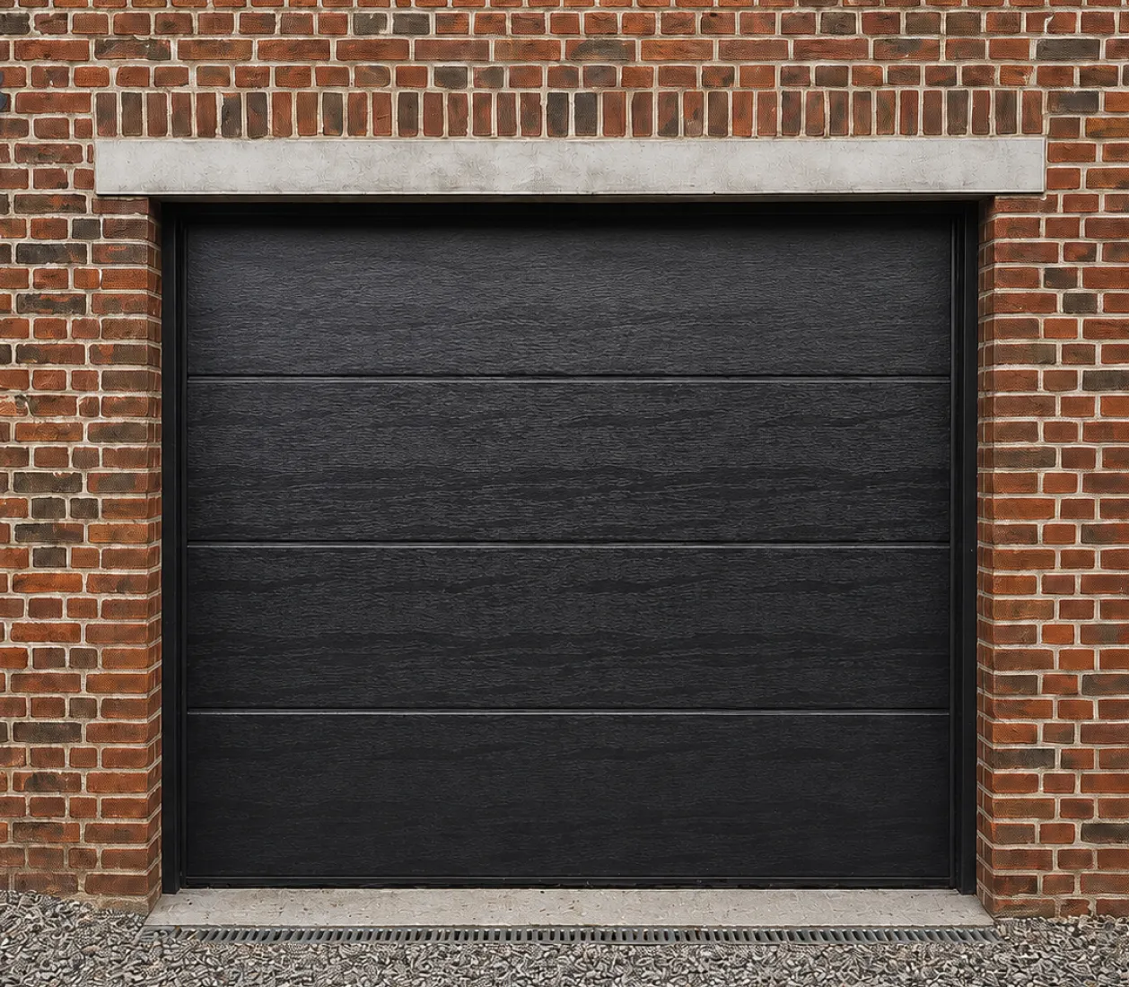 Porte de garage noire en bois à panneaux devant un mur en briques rouges et sol en gravier.