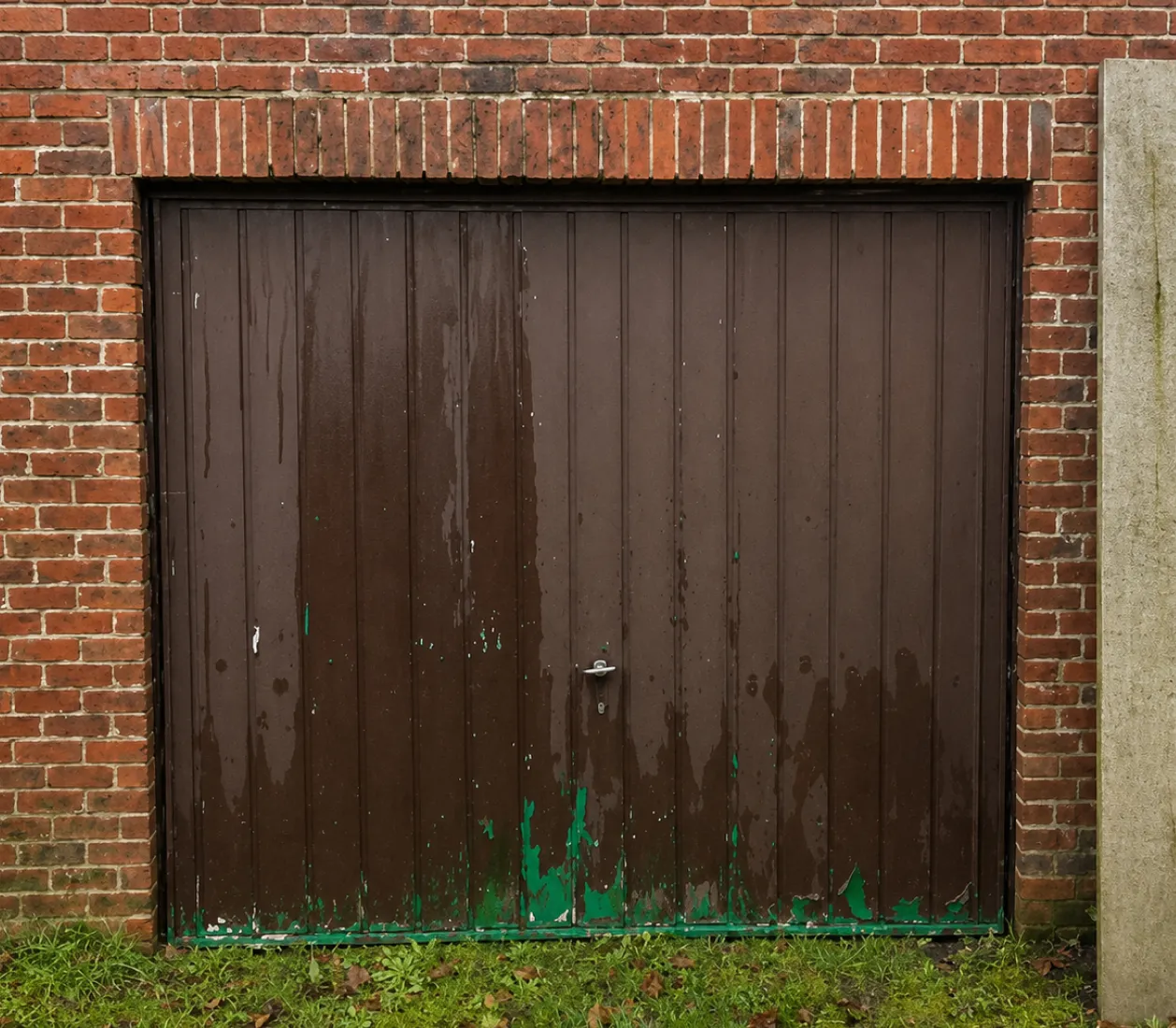 Porte de garage en bois marron avec peinture verte écaillée en bas et murs en briques rouges.