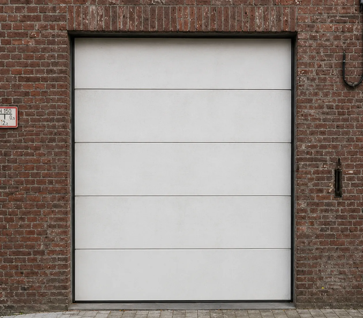 Porte de garage blanche moderne encadrée de briques rouges sur trottoir pavé.